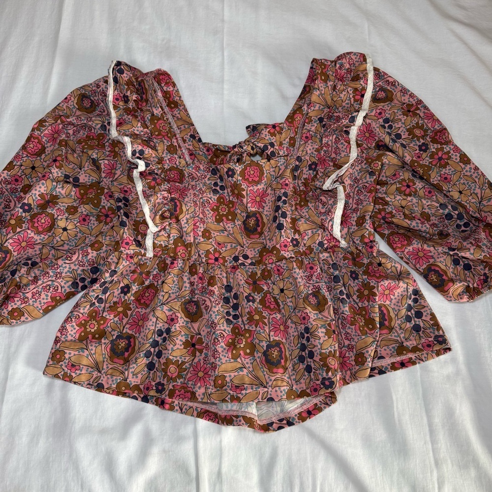 Smith & Quinn Top Women’s X-large Blouse Floral Abstract Garden Ruffle Tie Back